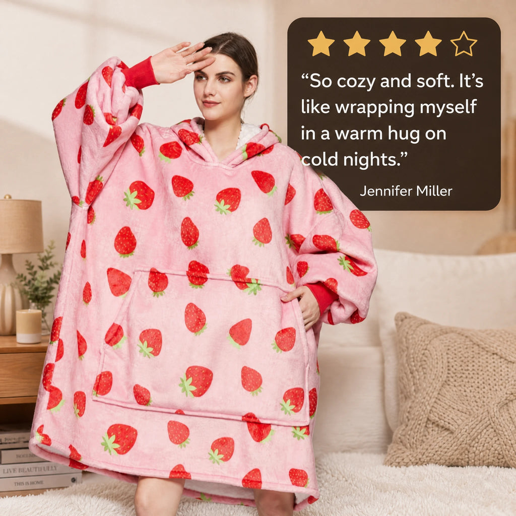 Blanket Hoodie Oversized with Strawberry Print - Pink - Image témoignage
