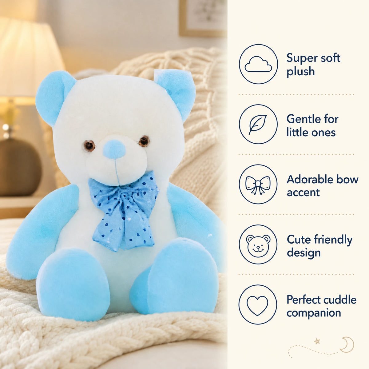 Blue Teddy Bear with Spotted Bow and Soft White Plush - Bénéfices produit