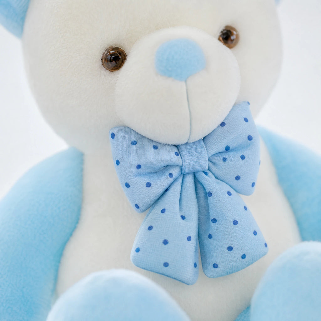 Blue Teddy Bear with Spotted Bow and Soft White Plush - Détail matière