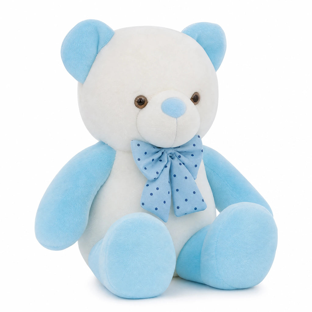 Blue Teddy Bear with Spotted Bow and Soft White Plush - Fond blanc, autre angle