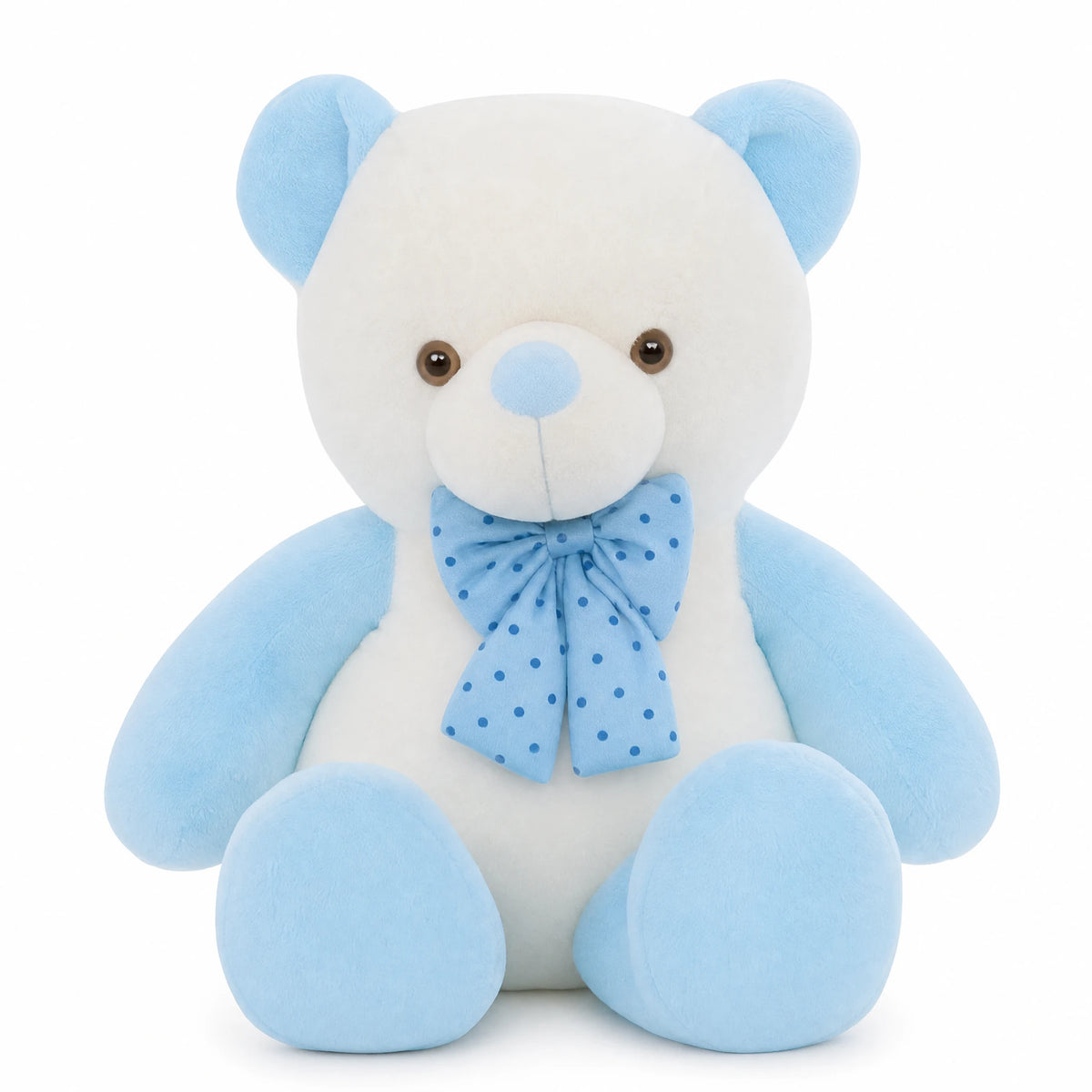 Blue Teddy Bear with Spotted Bow and Soft White Plush - Fond blanc