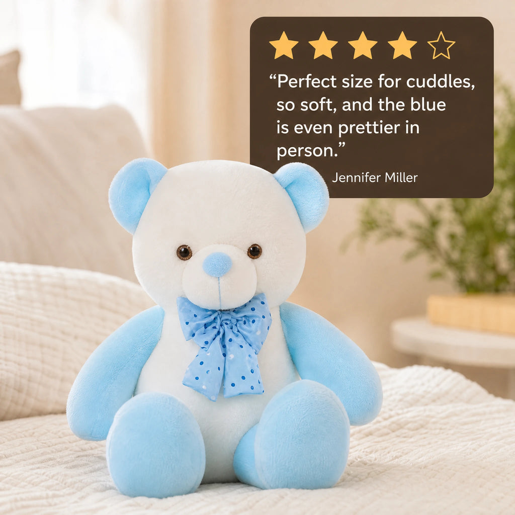 Blue Teddy Bear with Spotted Bow and Soft White Plush - Image témoignage