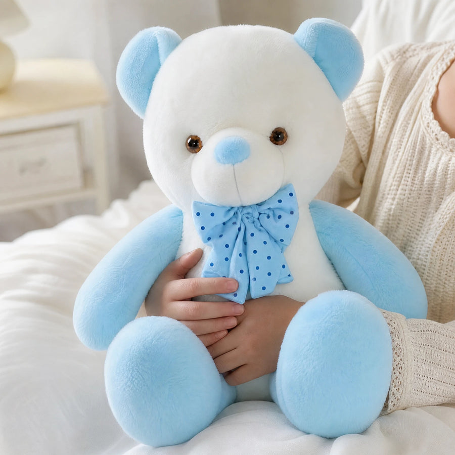 Blue Teddy Bear with Spotted Bow and Soft White Plush - Utilisation du produit