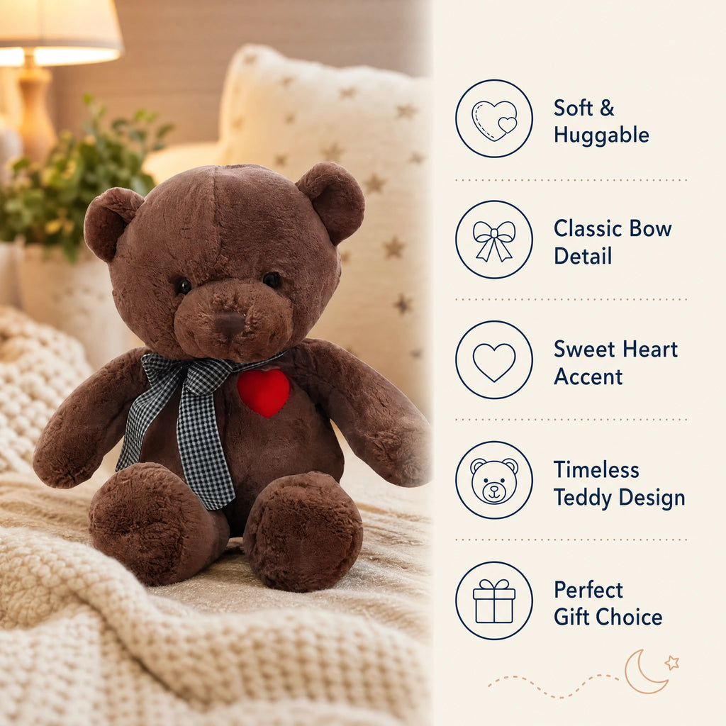 Brown Teddy Bear with Heart Detail and Checkered Bow - Bénéfices produit
