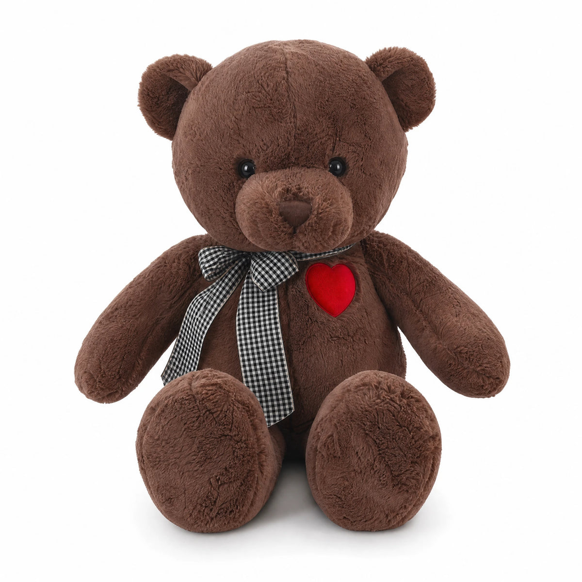 Brown Teddy Bear with Heart Detail and Checkered Bow - Fond blanc