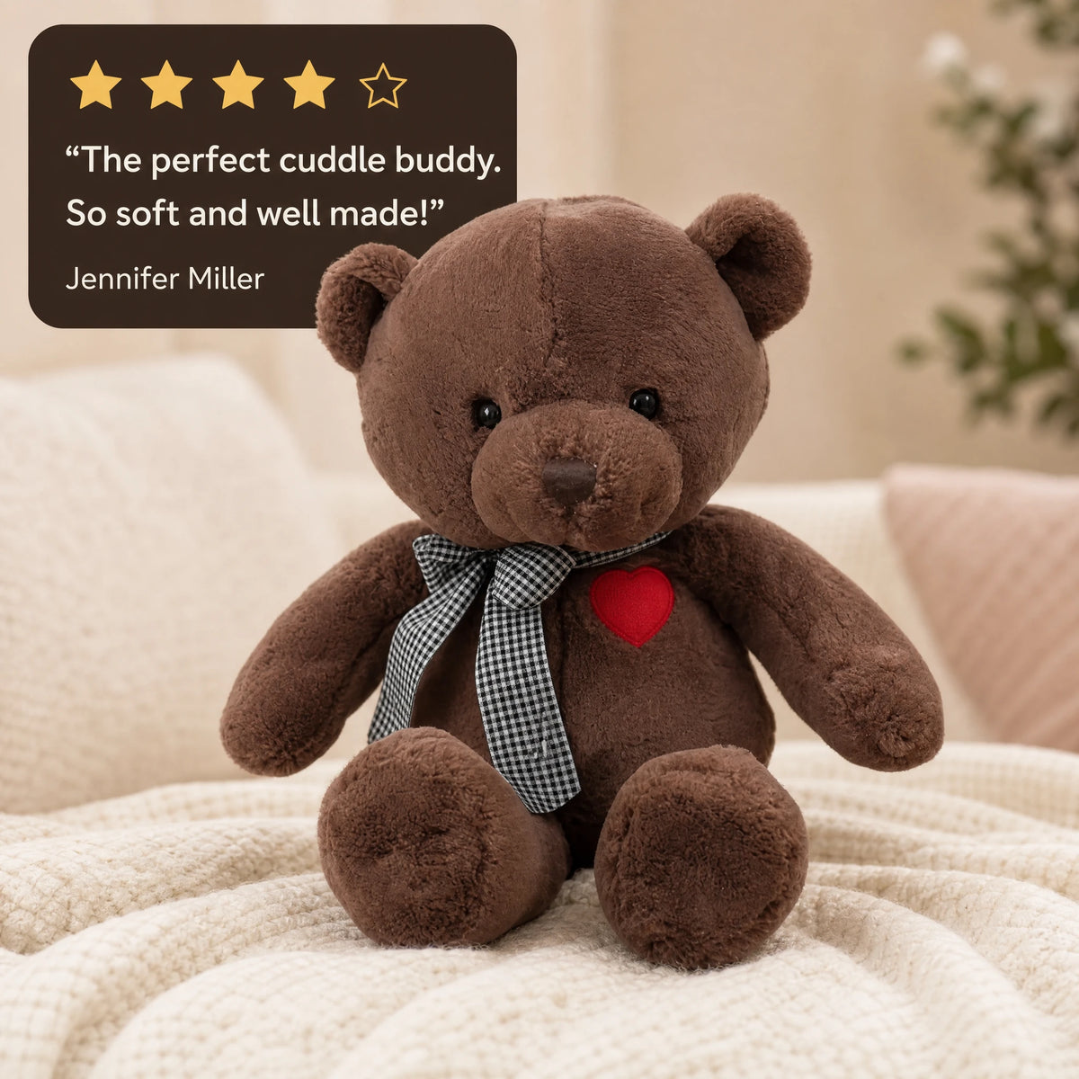 Brown Teddy Bear with Heart Detail and Checkered Bow - Image témoignage