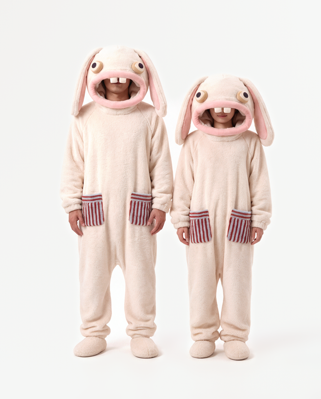 Marshmallow Bunny Onesie, two people in matching costumes standing