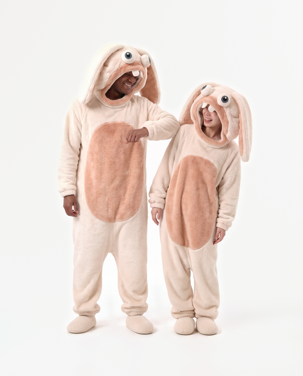Marshmallow and Peach Fuzz Bunny Onesie, two people in matching costumes arm around the shoulders