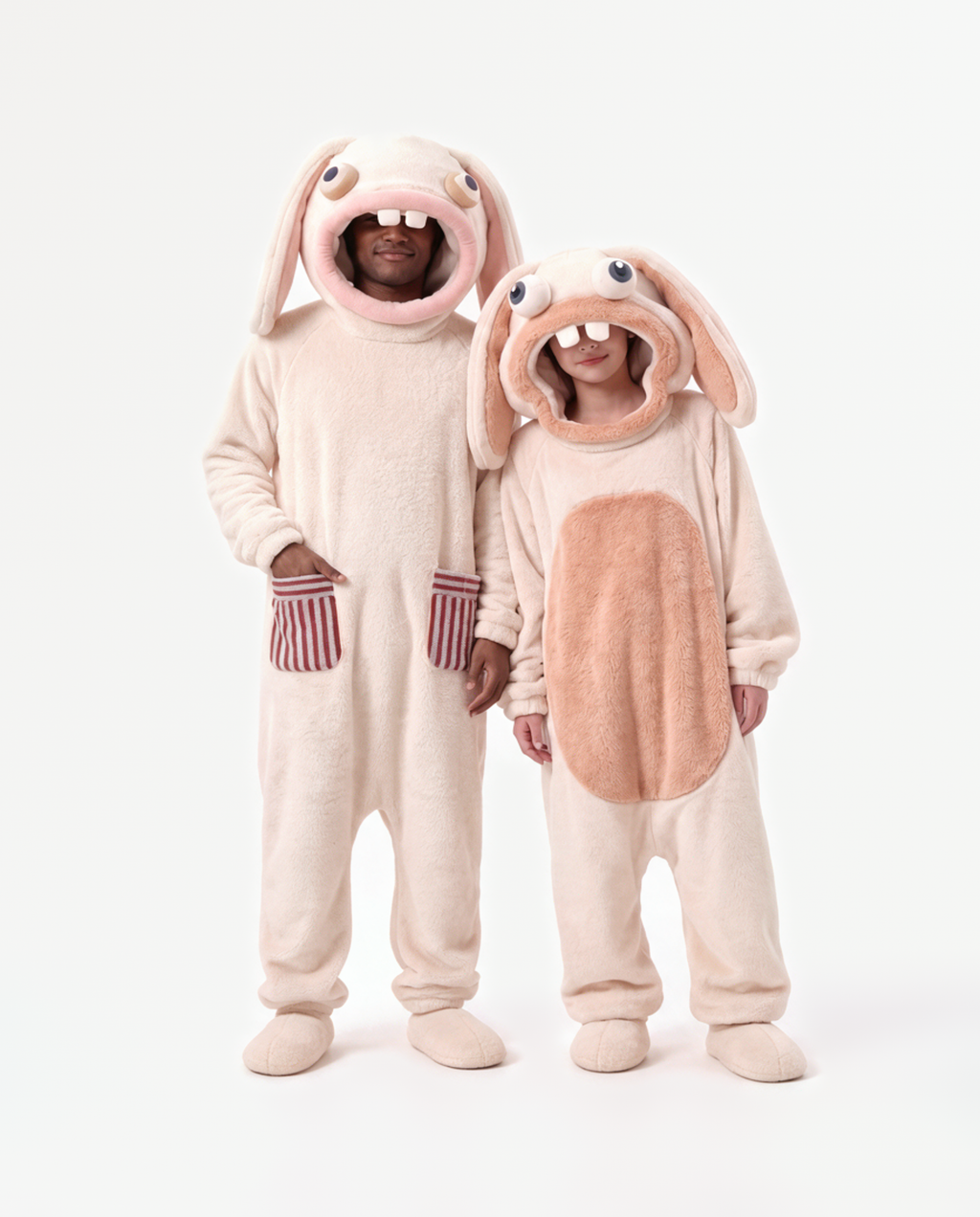 Marshmallow and Peach Fuzz Bunny Onesie, two people in matching costumes standing