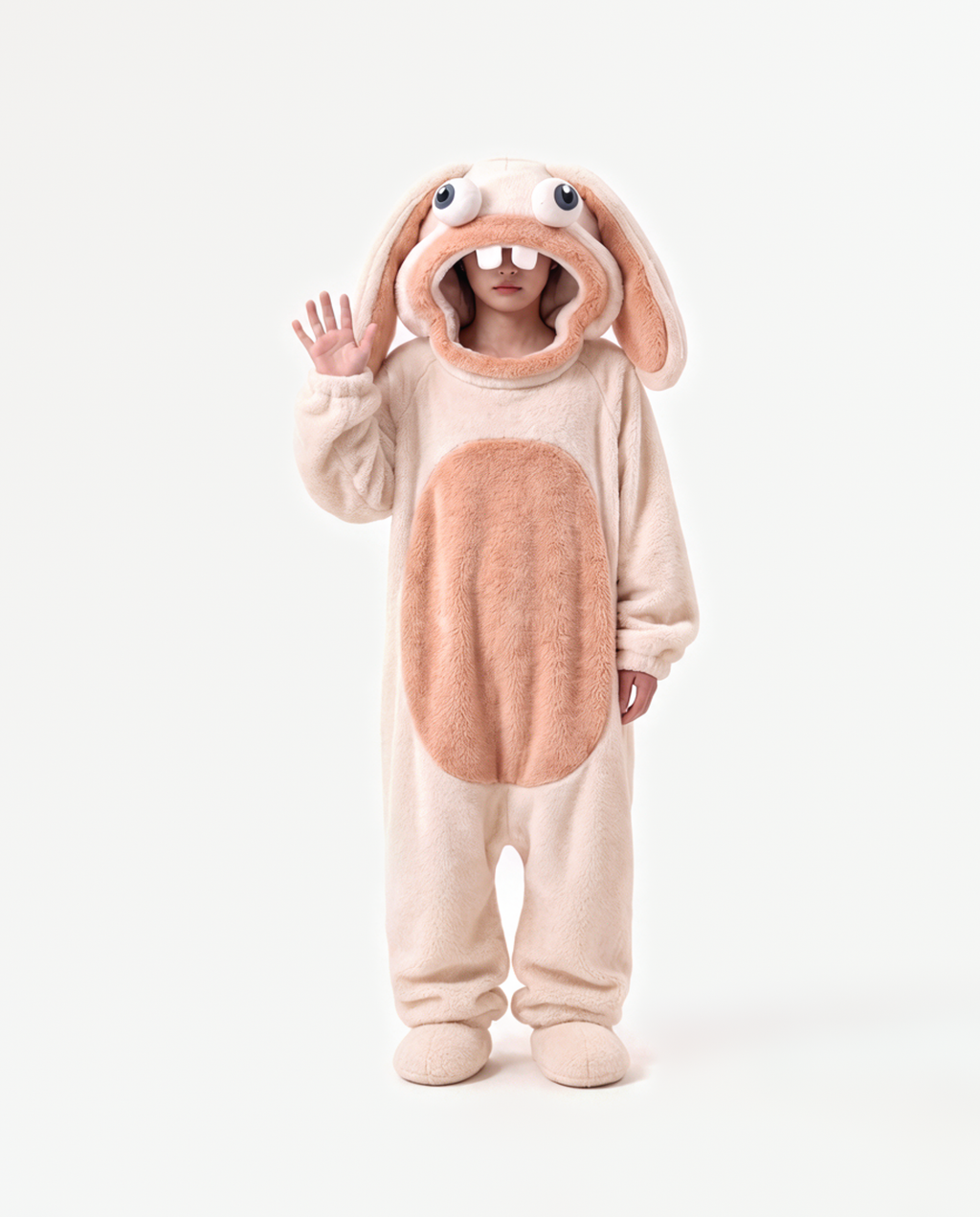 Peach Fuzz Bunny Onesie, waving