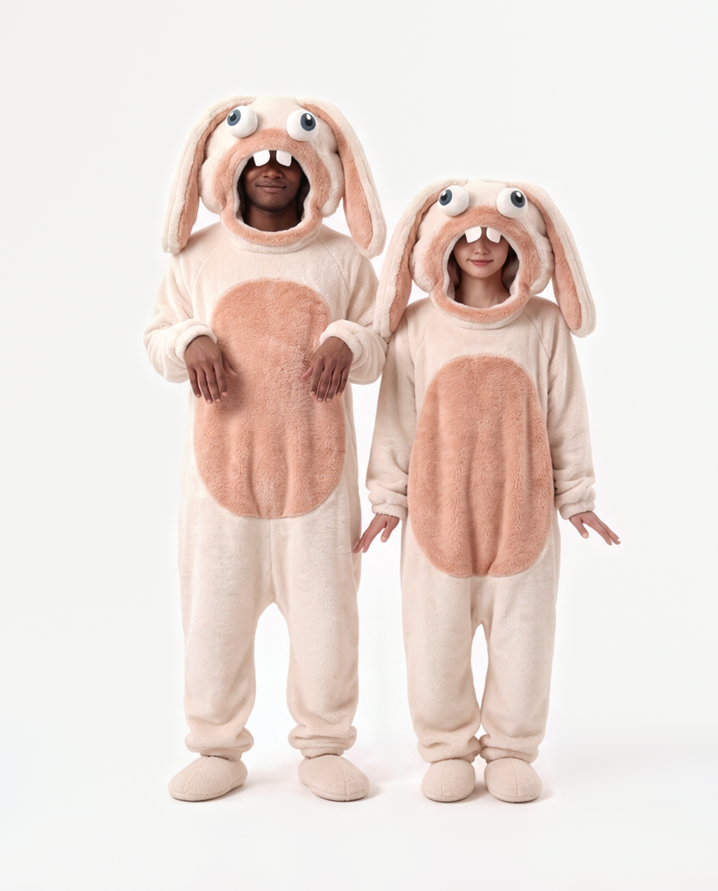 Peach Fuzz Bunny Onesie, two people in matching costumes hands