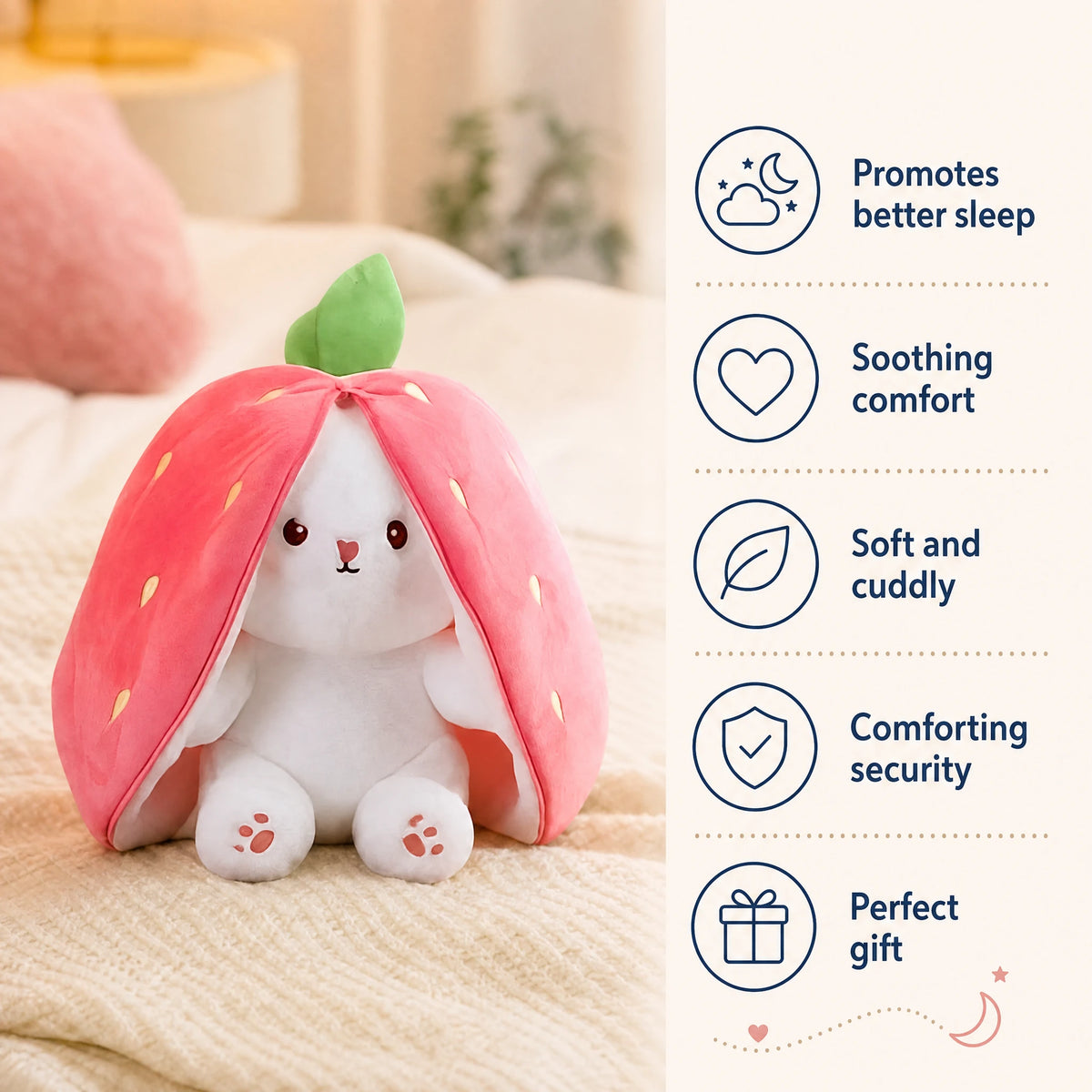 Bunny Plush Toy Hidden Inside Strawberry Pouch - Bénéfices produit
