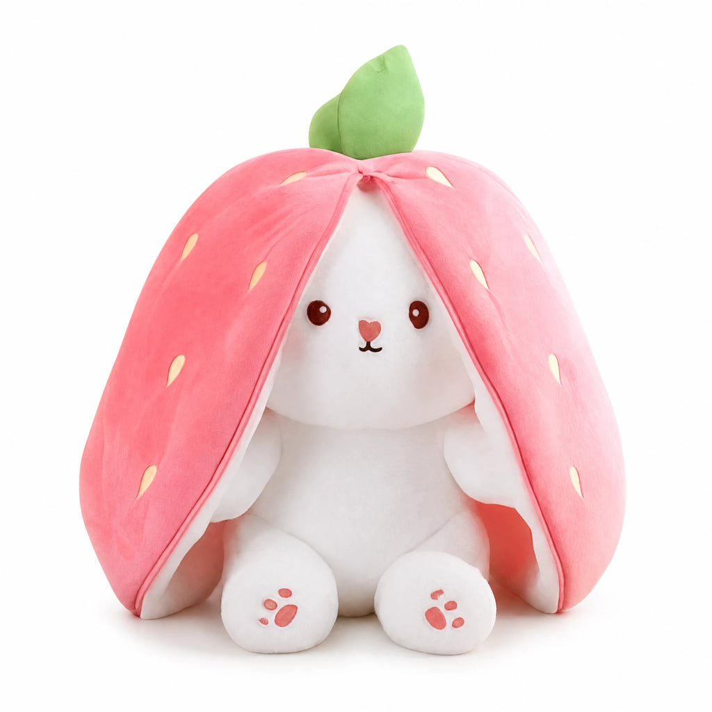 Bunny Plush Toy Hidden Inside Strawberry Pouch - Fond blanc