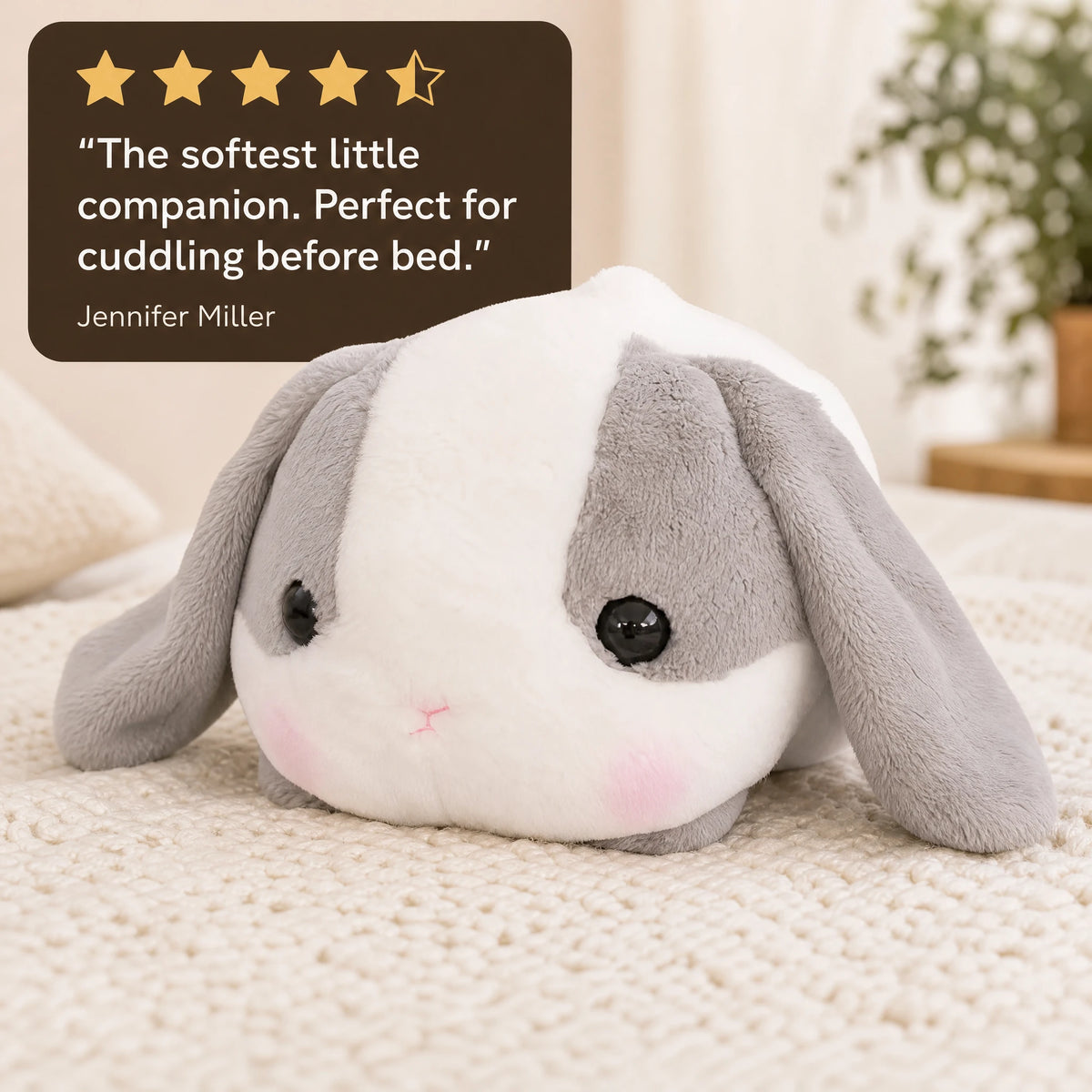 Bunny Plush Toy in Lying Position with Gray Ears - Image témoignage