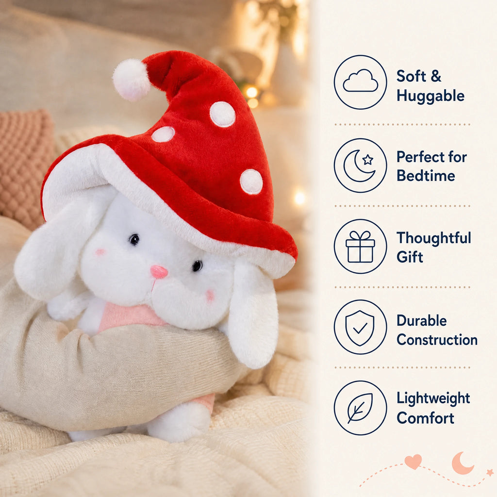 Bunny Plush with Mushroom Hat in Red or Brown - Bénéfices produit