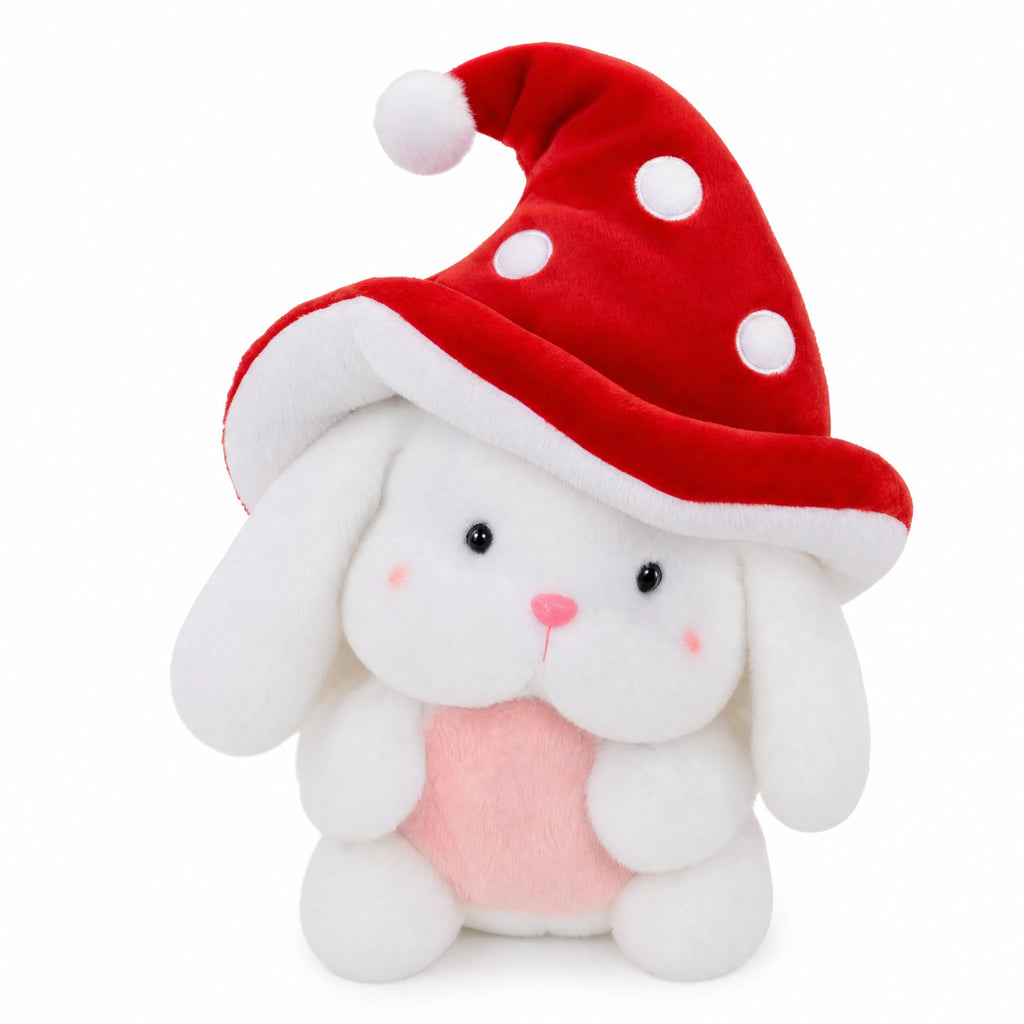 Bunny Plush with Mushroom Hat in Red or Brown - Fond blanc