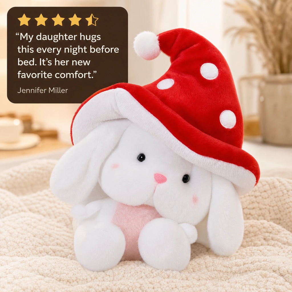 Bunny Plush with Mushroom Hat in Red or Brown - Image témoignage