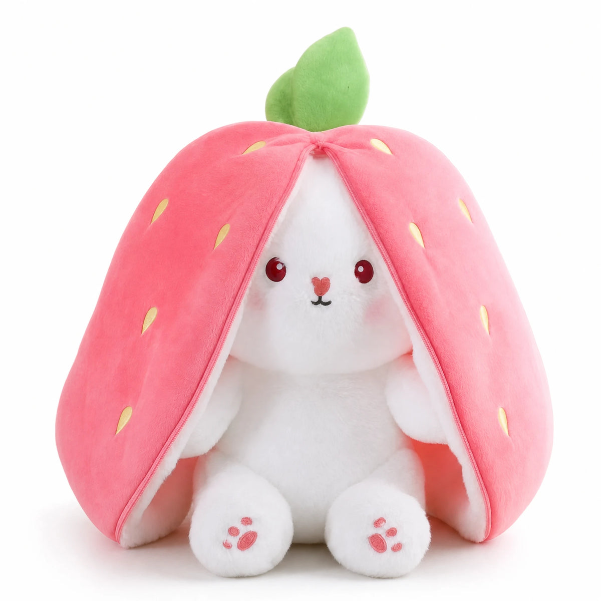 Bunny Plush with Zippered Fruit Costume and Soft White Fur - Fond blanc