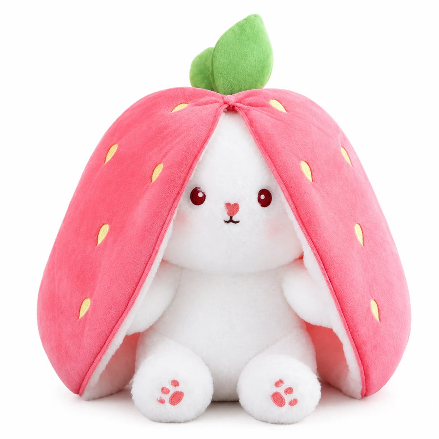 Bunny Plush with Zippered Fruit Costume and Soft White Fur - Strawberry / 10in / 25cm … (2 tailles)