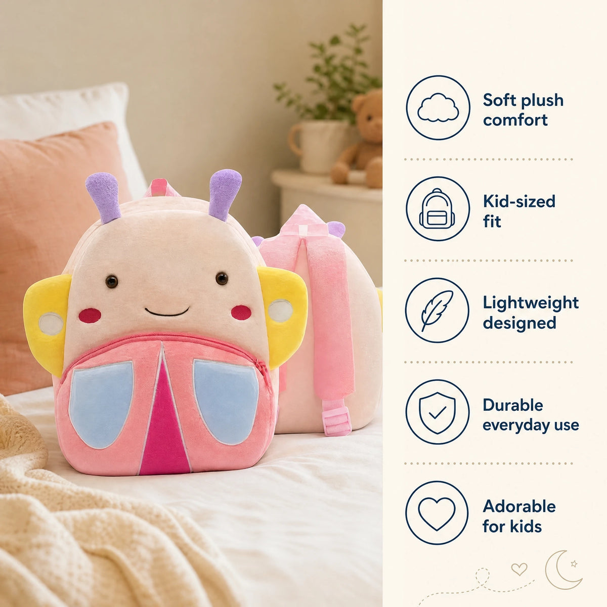 Butterfly Backpack in Soft Pink Plush with Purple Wings - Bénéfices produit