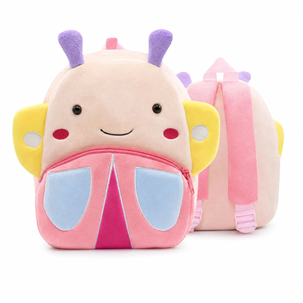 Butterfly Backpack in Soft Pink Plush with Purple Wings - Fond blanc