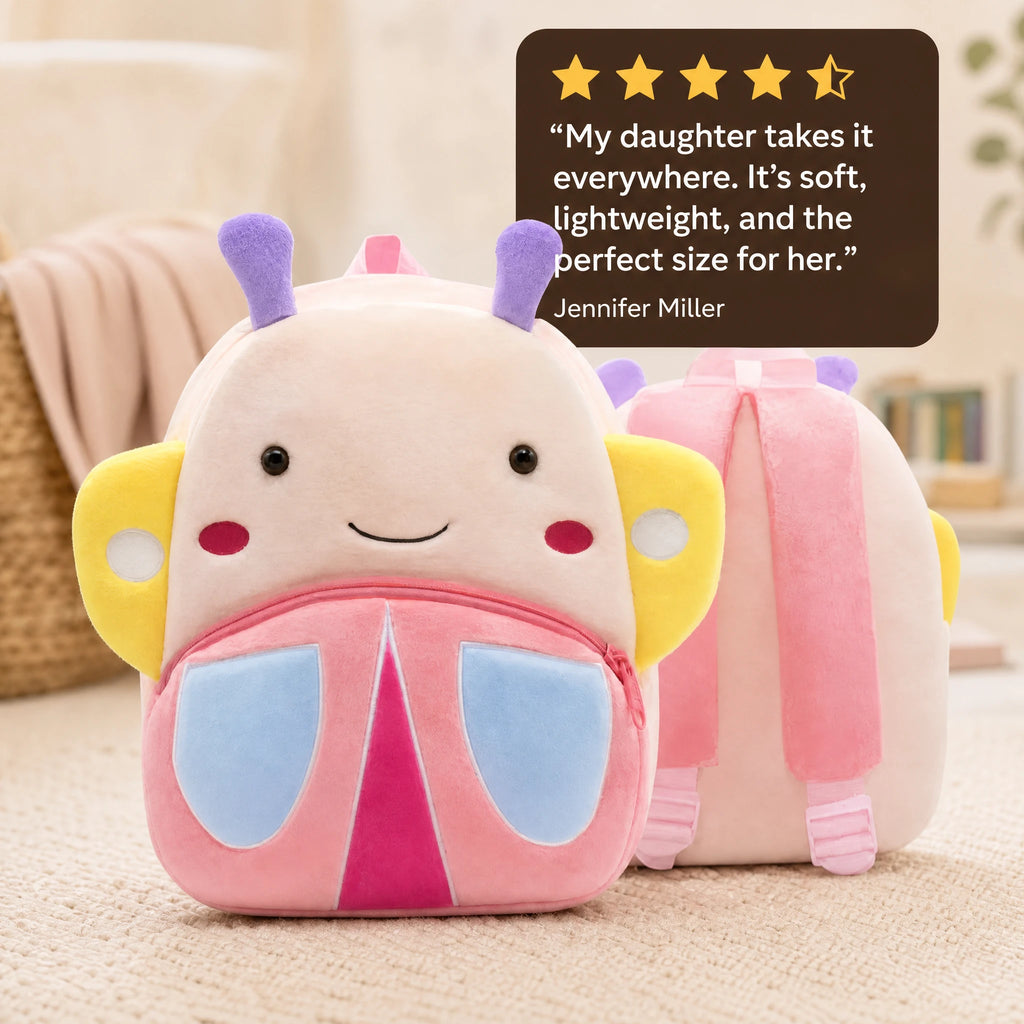 Butterfly Backpack in Soft Pink Plush with Purple Wings - Image témoignage