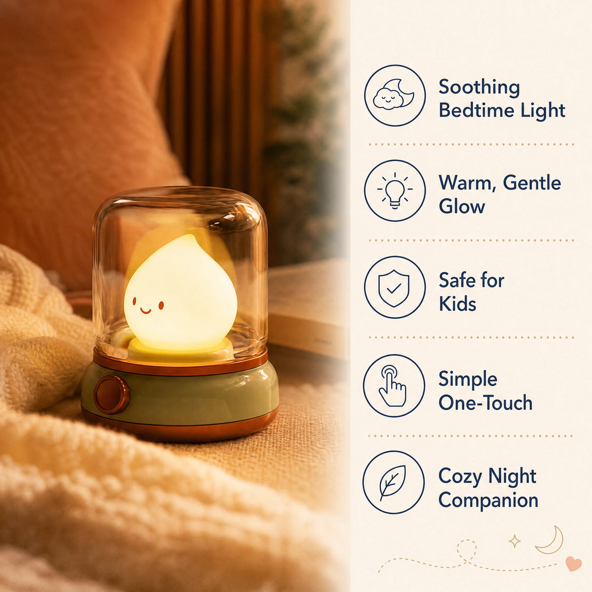 Candle Flame Night Light with Smiling Character Design - Bénéfices produit
