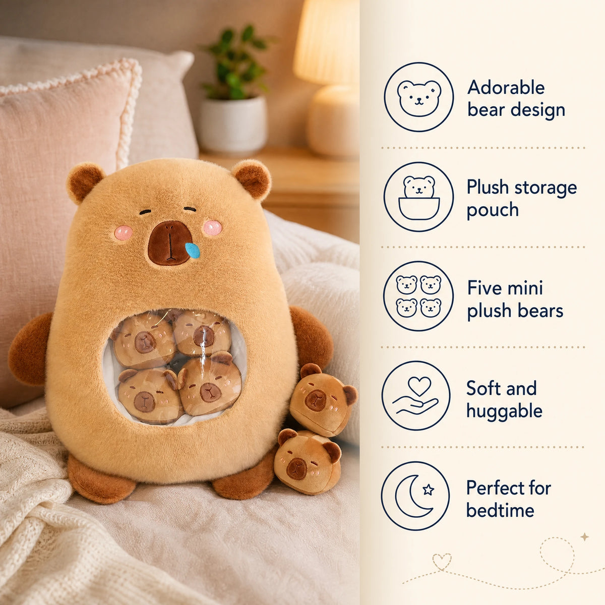 Capybara Plush Candy Bag with Removable Mini Plushies - Bénéfices produit
