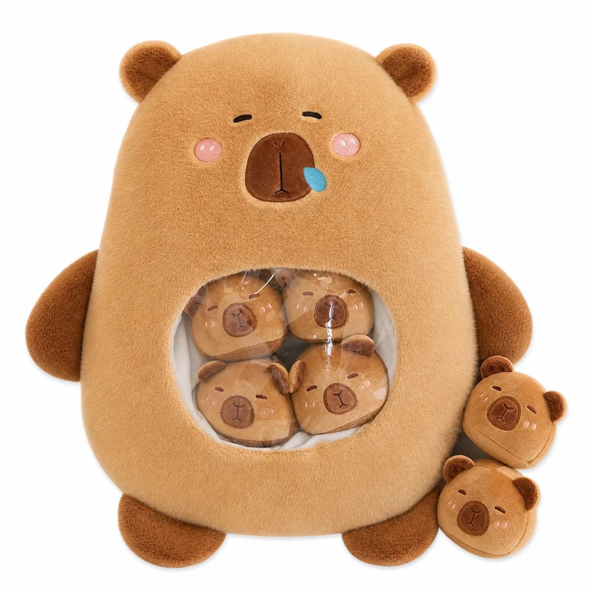 Capybara Plush Candy Bag with Removable Mini Plushies - Fond blanc