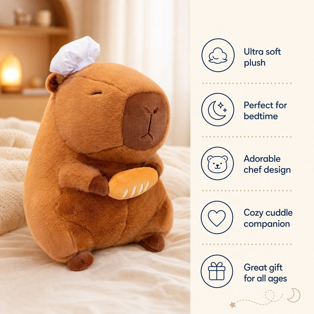 Capybara Plush Toy Baker or Chef Character with Hat - Bénéfices produit