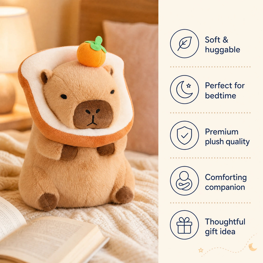 Capybara Plush Toy with Toast Hood and Fruit Accessories - Bénéfices produit