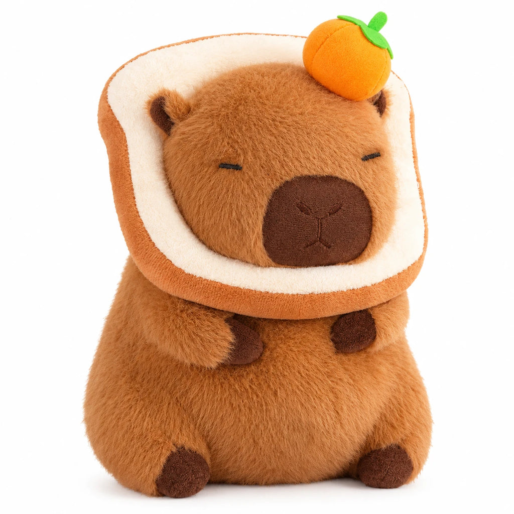 Capybara Plush Toy with Toast Hood and Fruit Accessories - Dark Bread Orange / 12in / 30cm … (4 tailles)