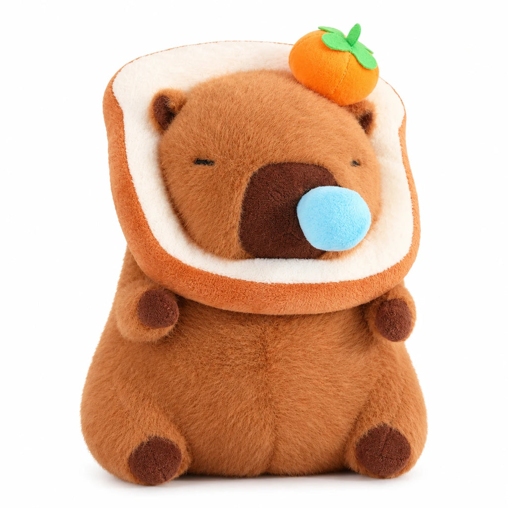 Capybara Plush Toy with Toast Hood and Fruit Accessories - Dark Bread Snot Orange / 12in / 30cm … (4 tailles)