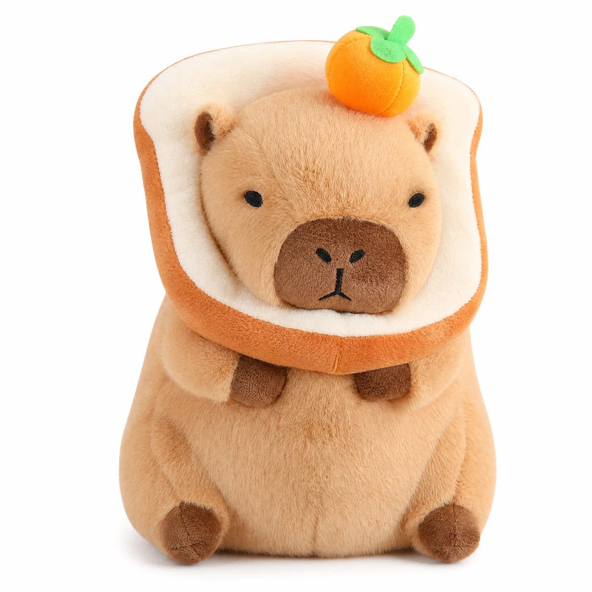 Capybara Plush Toy with Toast Hood and Fruit Accessories - Fond blanc