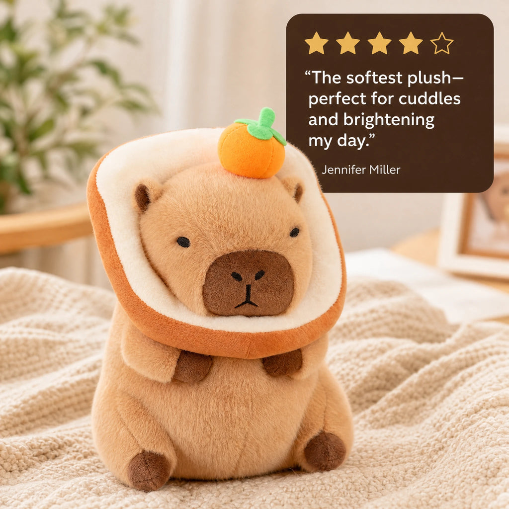 Capybara Plush Toy with Toast Hood and Fruit Accessories - Image témoignage