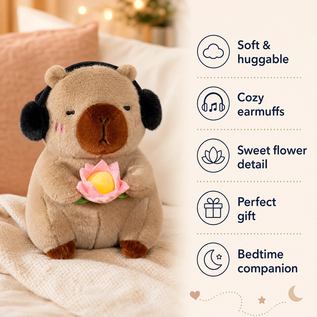 Capybara Plush with Lotus Flower and Headphones - Bénéfices produit
