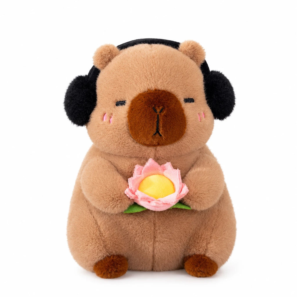 Capybara Plush with Lotus Flower and Headphones - Brown Lotus / 10in / 25cm … (2 tailles)
