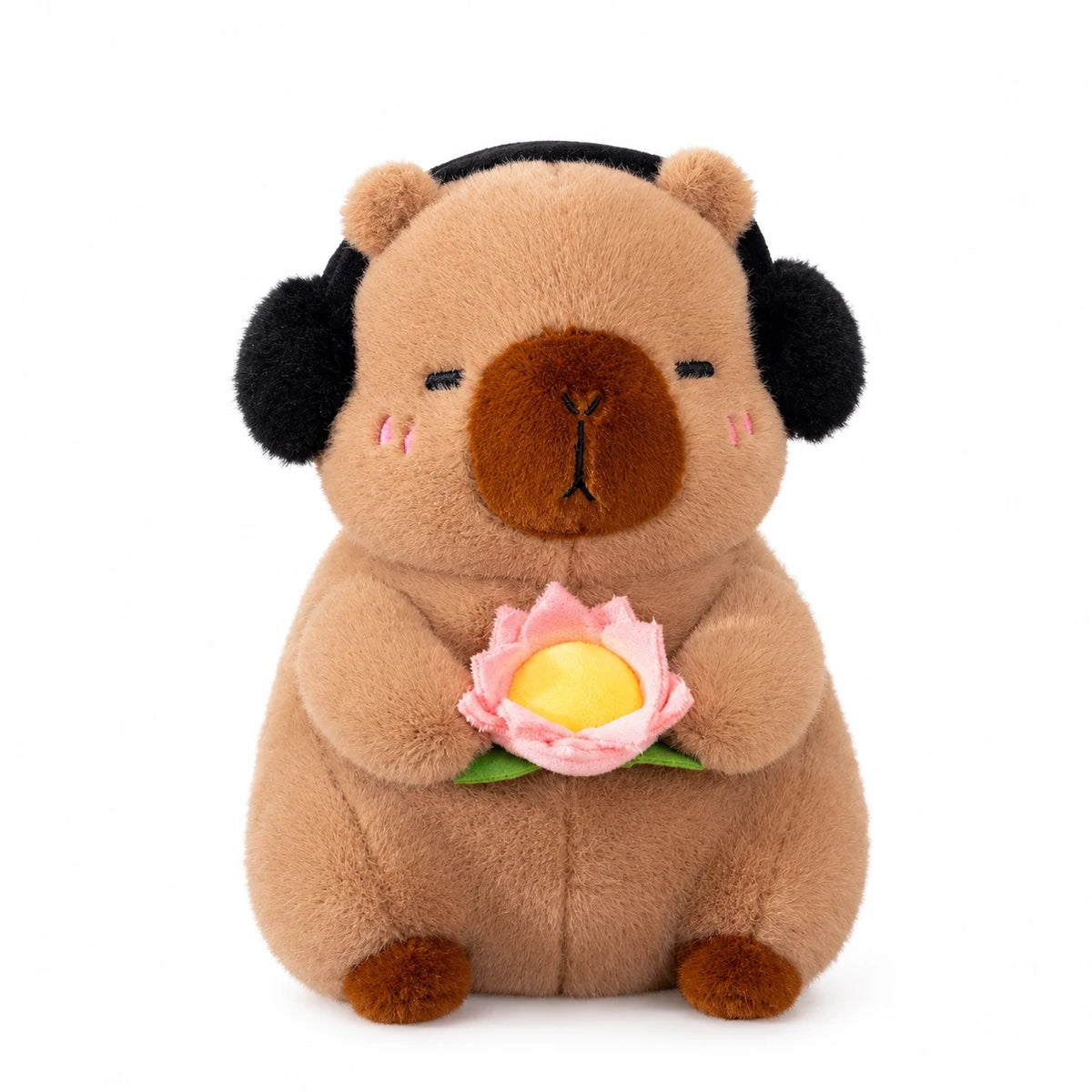 Capybara Plush with Lotus Flower and Headphones - Brown Lotus / 10in / 25cm … (2 tailles)