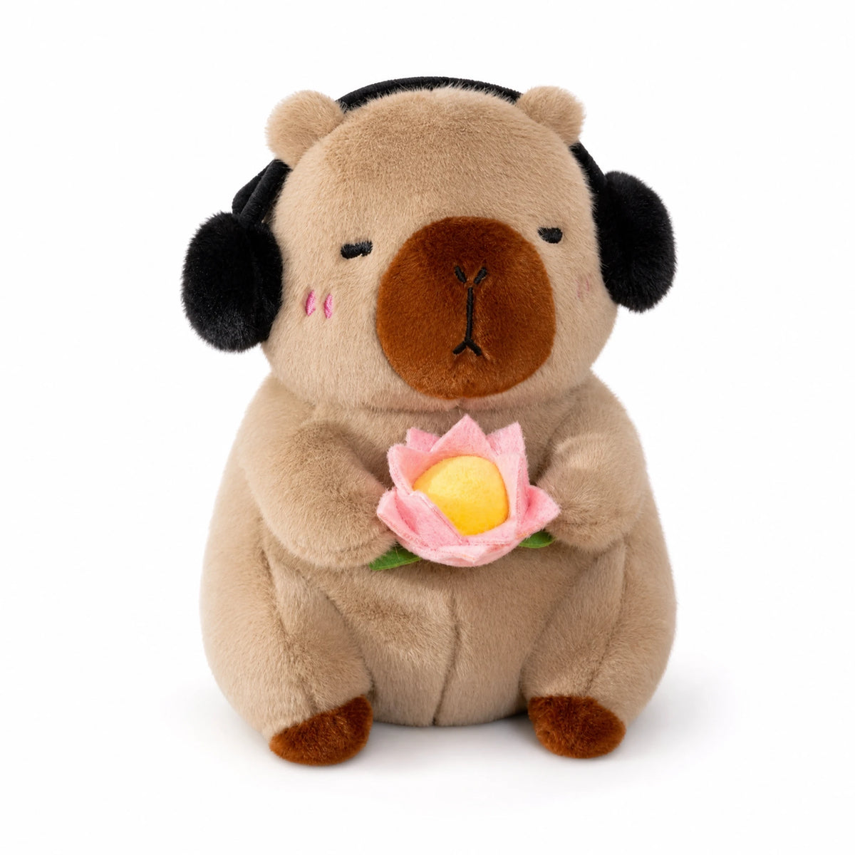 Capybara Plush with Lotus Flower and Headphones - Fond blanc