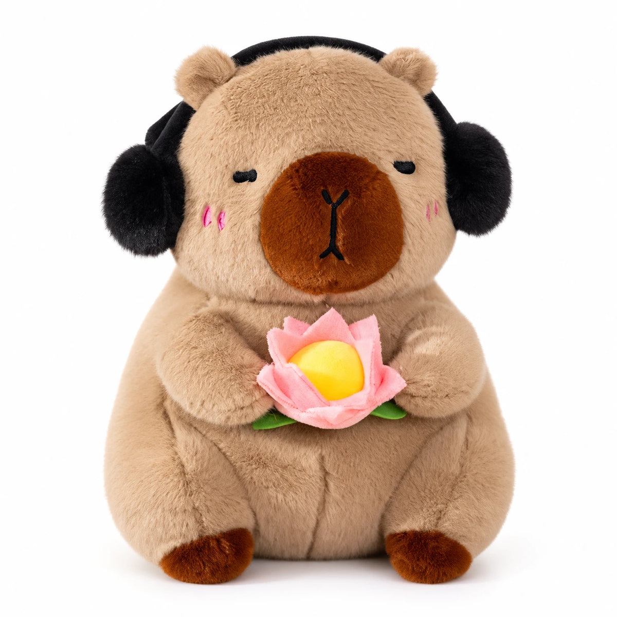 Capybara Plush with Lotus Flower and Headphones - Light Brown Lotus / 10in / 25cm … (2 tailles)