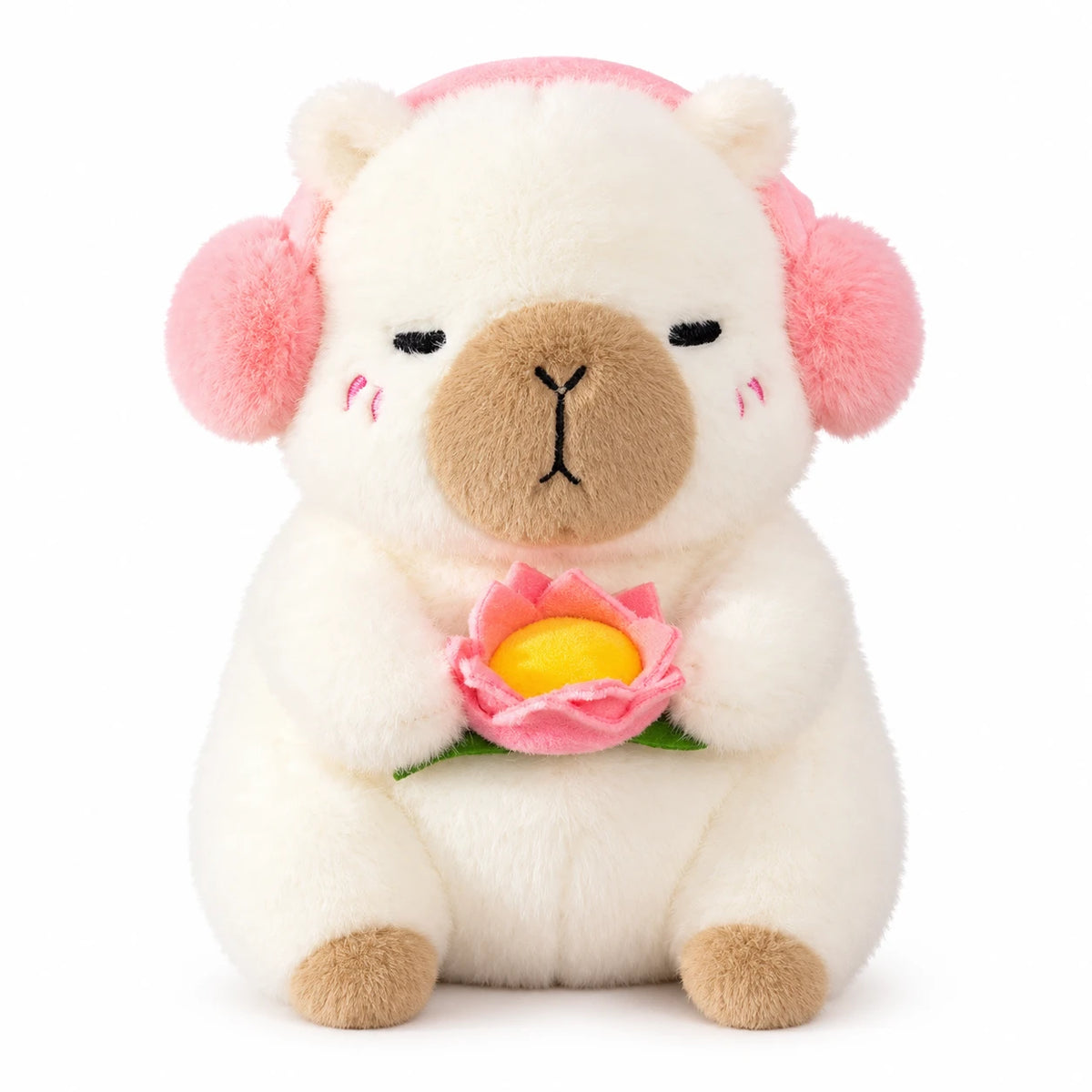 Capybara Plush with Lotus Flower and Headphones - White Lotus / 10in / 25cm … (2 tailles)