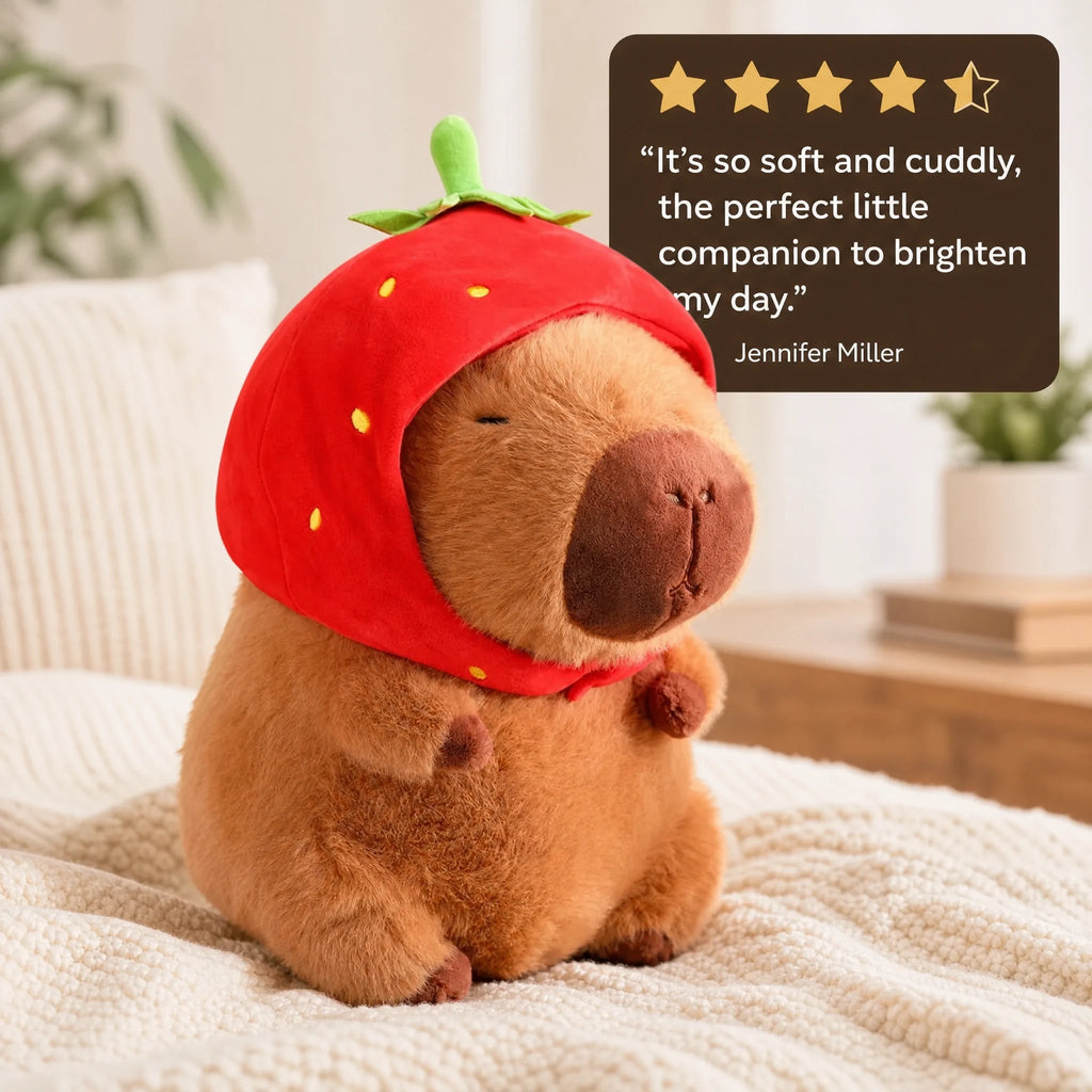 Capybara Plush with Strawberry Hat – Soft Cuddle Toy - Image témoignage