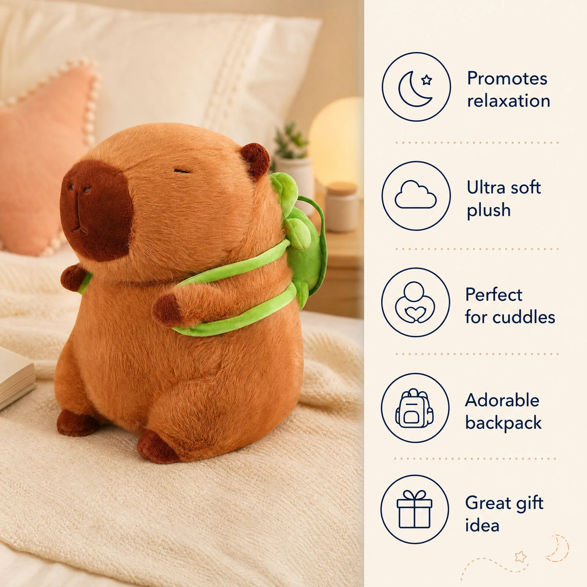 Capybara Plush with Turtle Backpack, 3 Sizes - Bénéfices produit