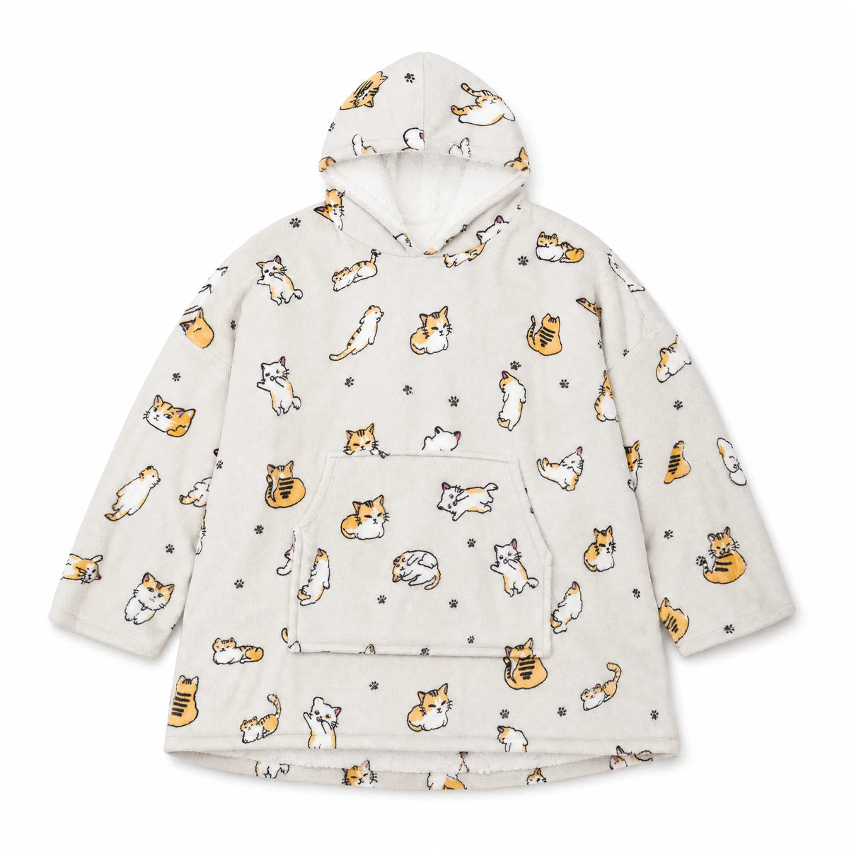 Cat Blanket Hoodie with Ginger Cat Print - Fond blanc