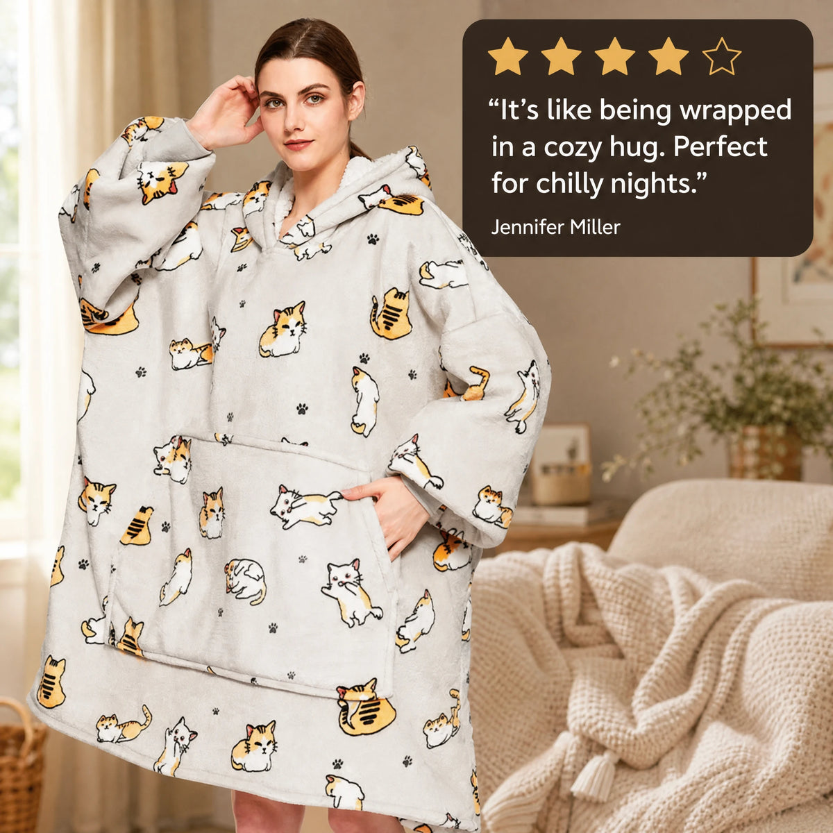Cat Blanket Hoodie with Ginger Cat Print - Image témoignage