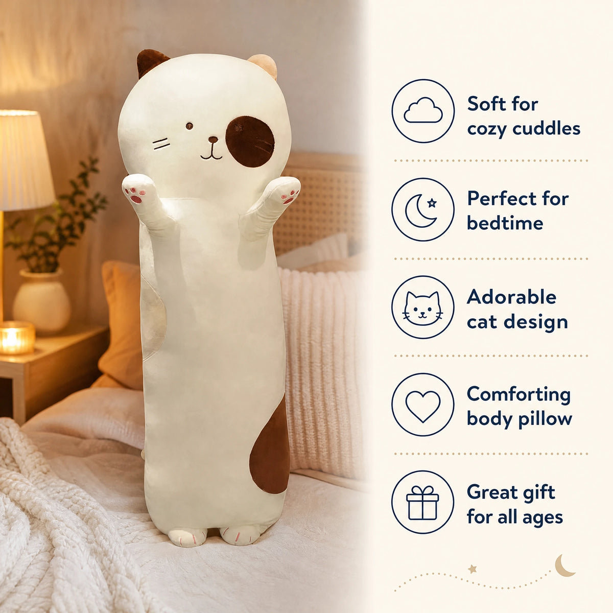 Cat Body Pillow - Elongated Plush with Raised Paws - Bénéfices produit