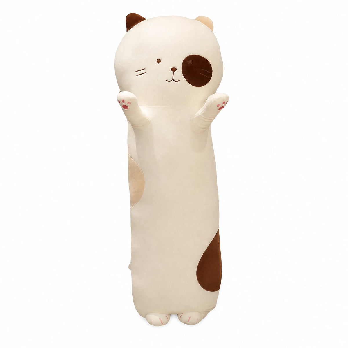 Cat Body Pillow - Elongated Plush with Raised Paws - Fond blanc