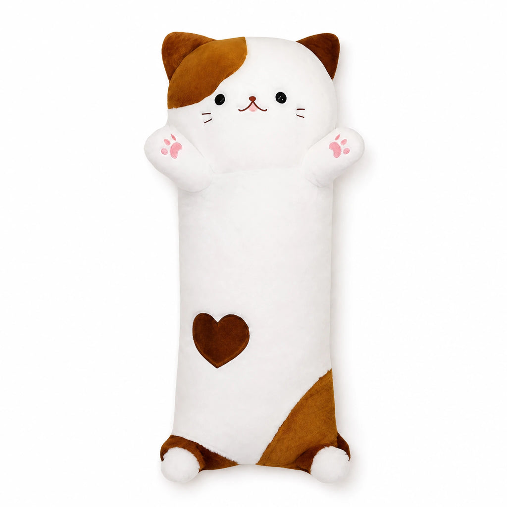 Cat Body Pillow Long Shaped Plush with Paws - Fond blanc