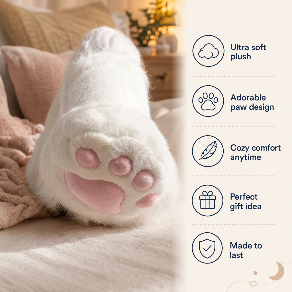 Cat Paw Slippers with Pink Toe Pads and Fluffy White Fur - Bénéfices produit