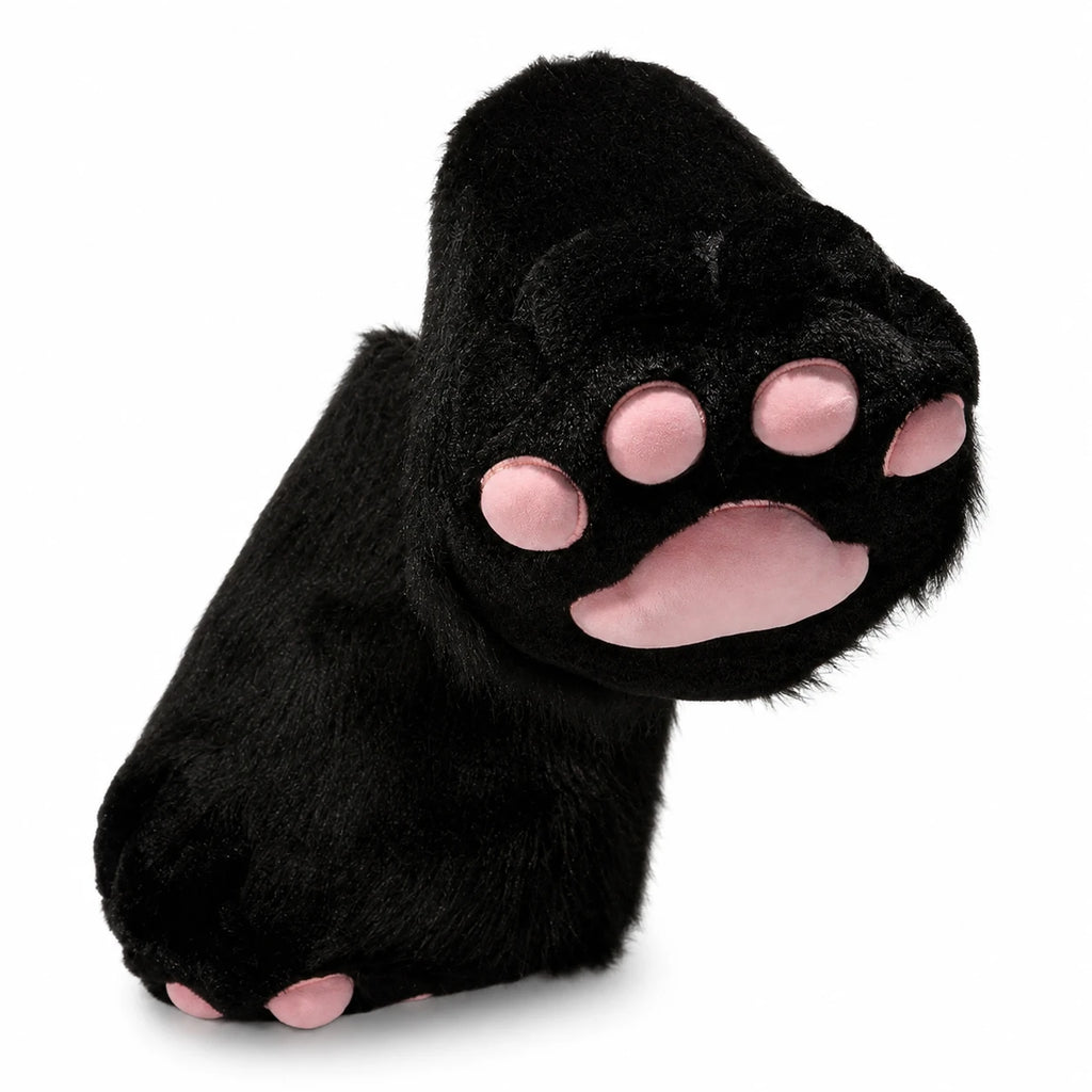 Cat Paw Slippers with Pink Toe Pads and Fluffy White Fur - Black Boots
